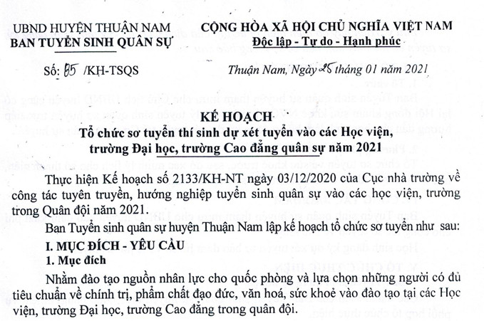 Kế hoạch tổ chức sơ tuyển thí sinh dự xét tuyển vào các Học viện, Đại học, Cao đẳng quân sự năm 2021