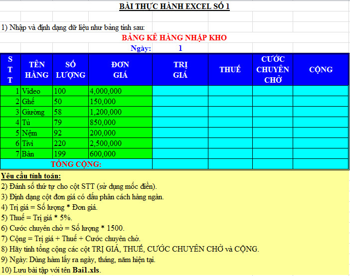 Bài tập thực hành Excel số 1