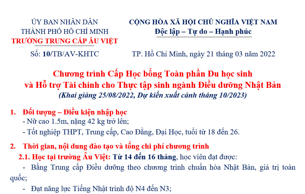 Chương trình Cấp Học bổng Toàn phần Du học sinh  và Hỗ trợ Tài chính cho Thực tập sinh ngành Điều dưỡng Nhật Bản