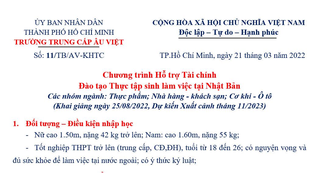 Chương trình Hỗ trợ Tài chính  Đào tạo Thực tập sinh làm việc tại Nhật Bản